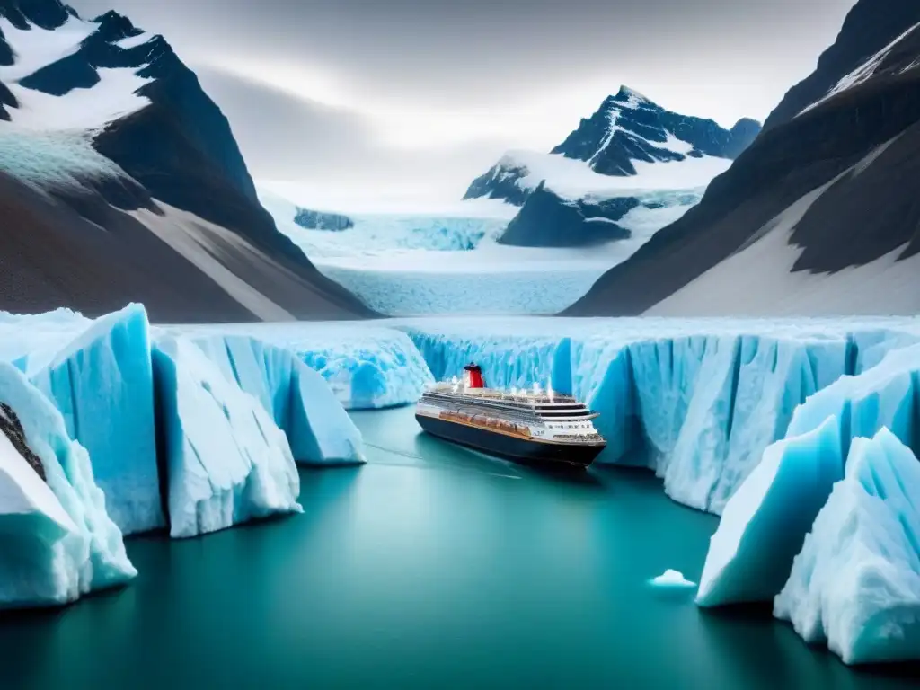 Un crucero navegando entre glaciares en un estrecho helado, mostrando el impacto del cambio climático en los cruceros marítimos