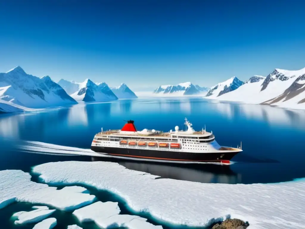 Un crucero de expedición económico global navega serenamente por aguas heladas, rodeado de montañas nevadas bajo un cielo azul claro