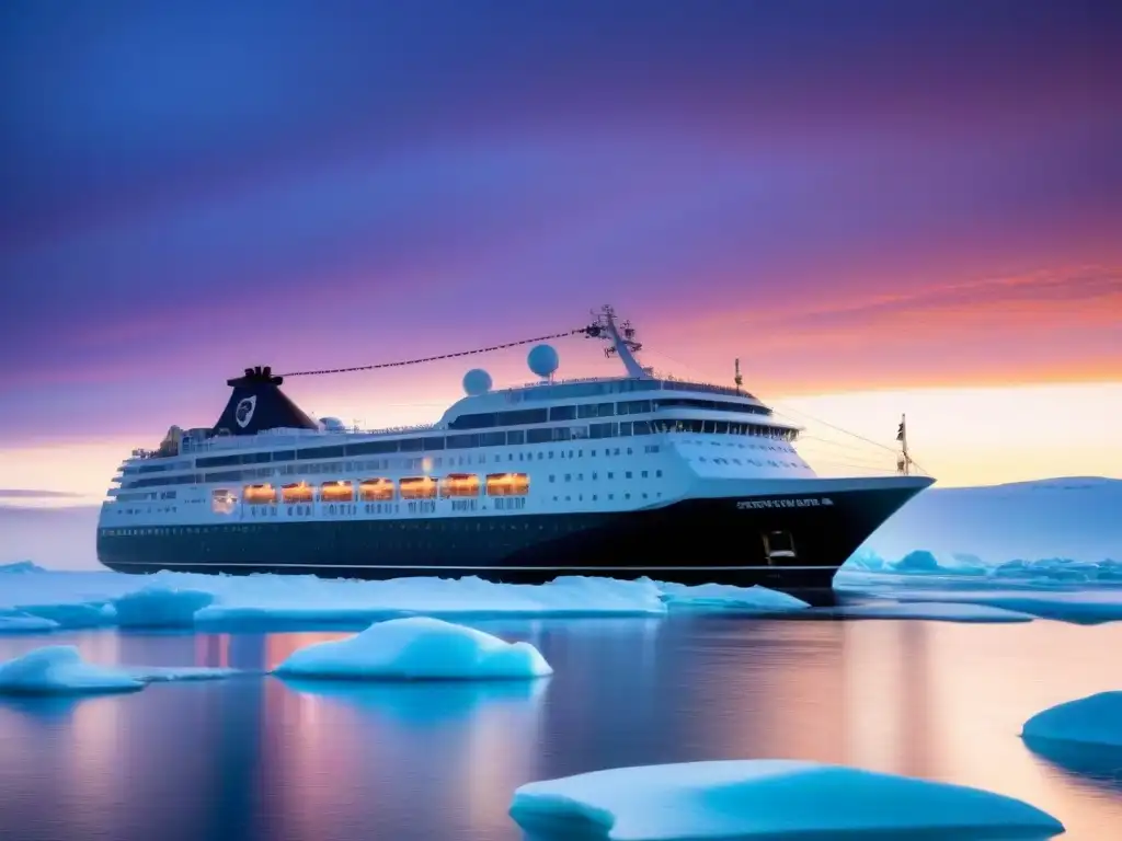 Un crucero de expedición económico global surcando aguas heladas al amanecer