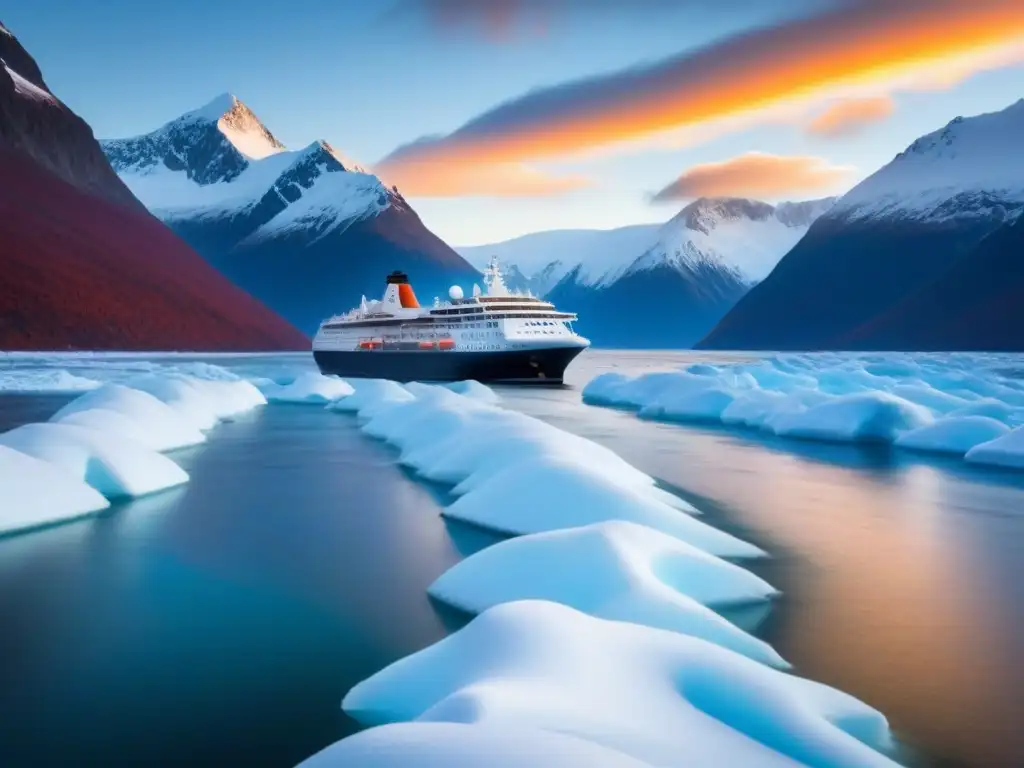 Un crucero de expedición económico global navega elegante entre aguas heladas al atardecer, rodeado de montañas nevadas