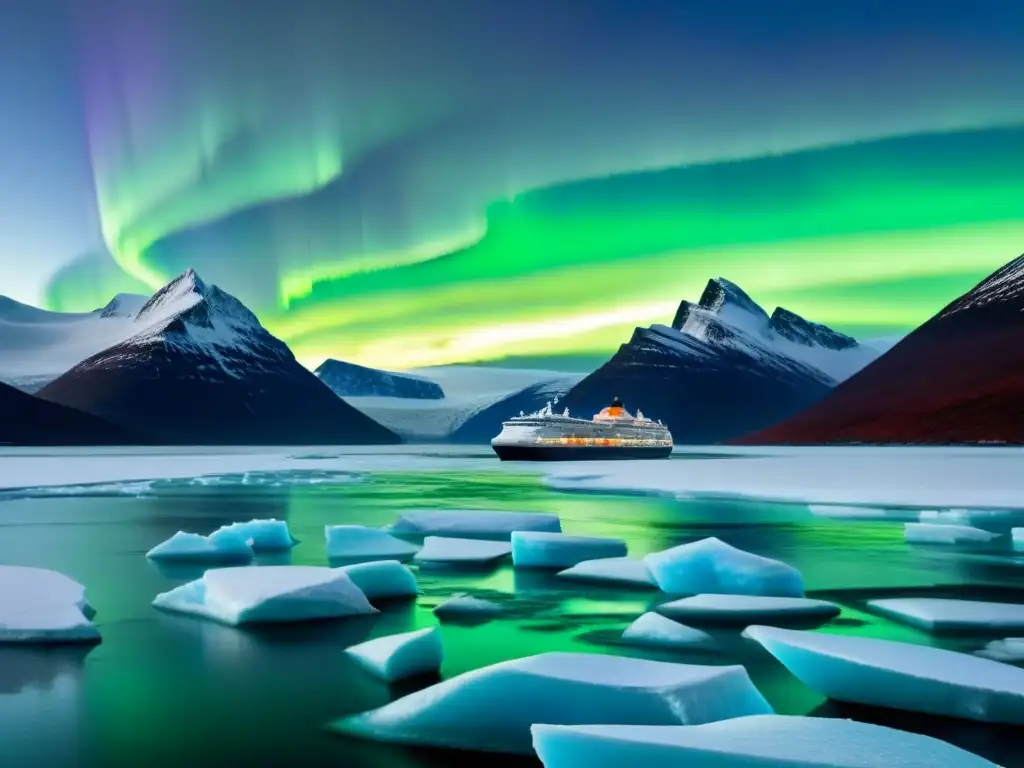 Un crucero de expedición económico global navega elegante entre las luces del Norte en aguas heladas