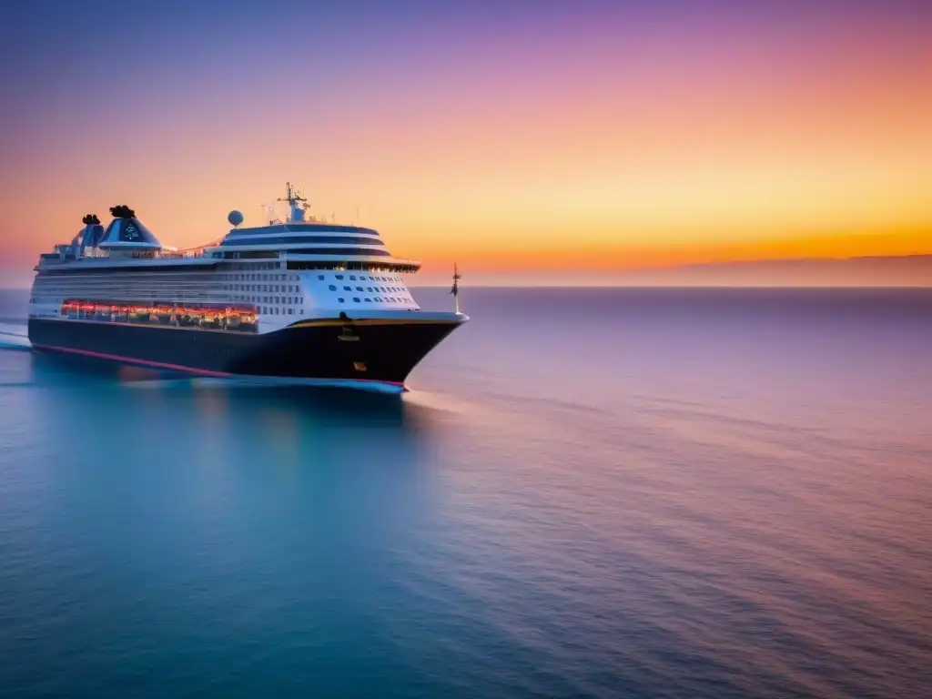 Un crucero navegando bajo un hermoso atardecer, reflejando tranquilidad y seguridad en el mar