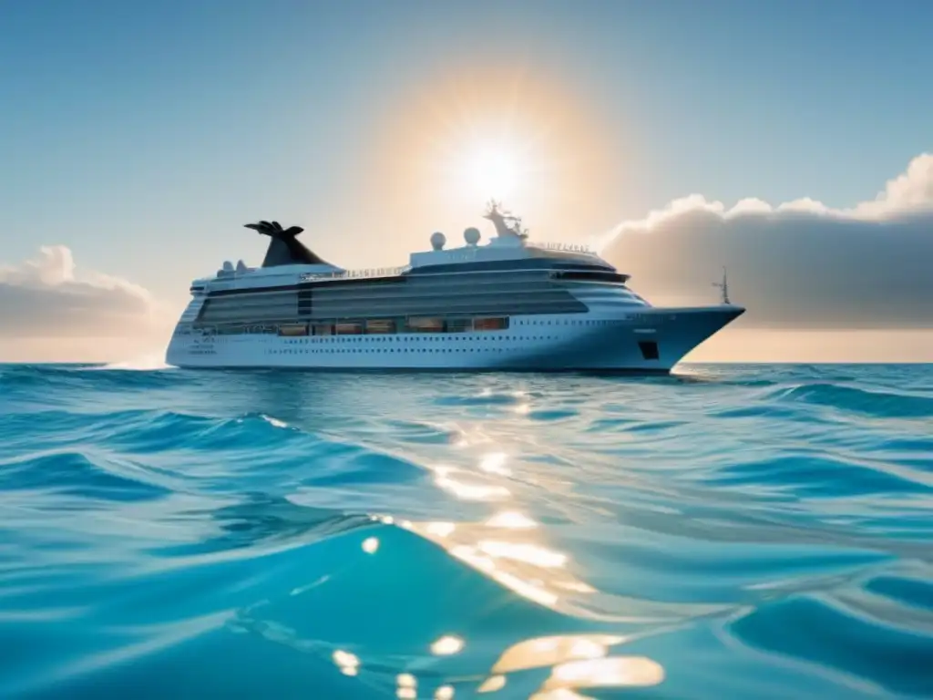 Un crucero híbrido ecológico avanza elegante entre aguas turquesas, con paneles solares y turbinas eólicas