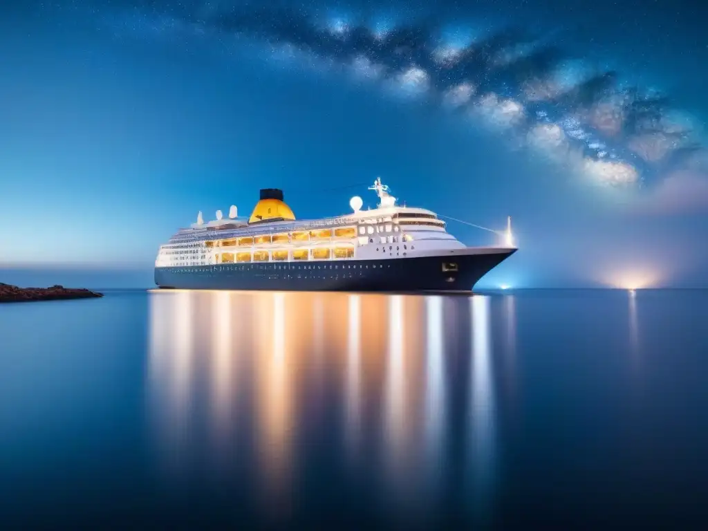 Un crucero histórico iluminado por la luna en aguas tranquilas, reflejando elegancia y lujo