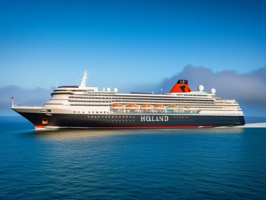 Un crucero histórico de Holland America Line navega elegantemente en aguas tranquilas bajo un cielo azul