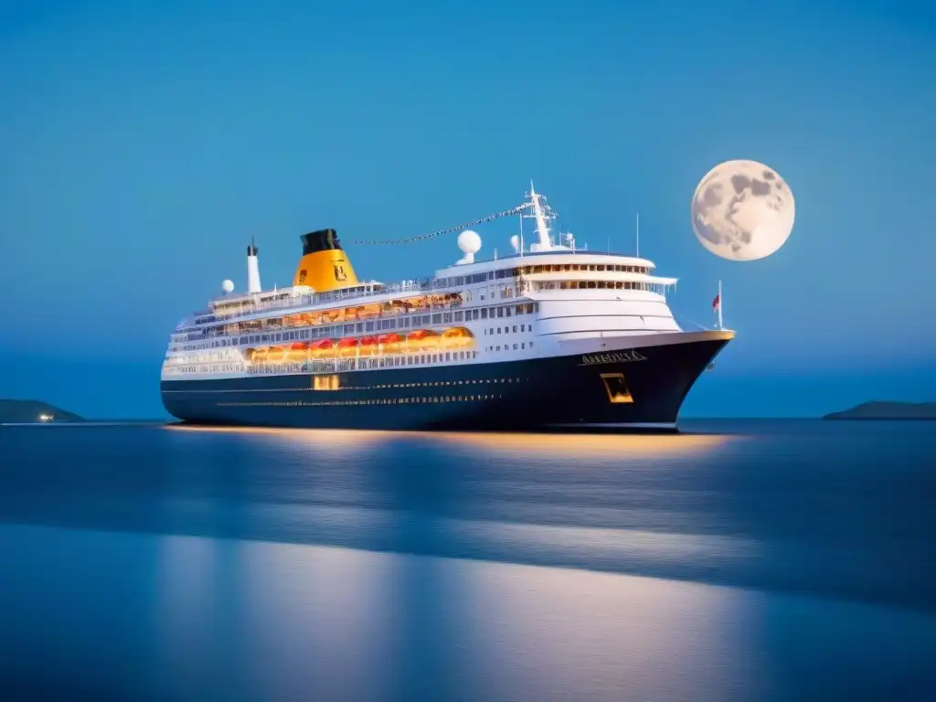 Un crucero histórico navega elegantemente bajo la luna en un tranquilo mar