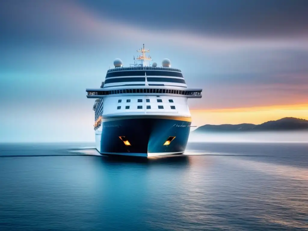 Un crucero icónico con estética naval moderna en un mar sereno, en tonos azules y blancos