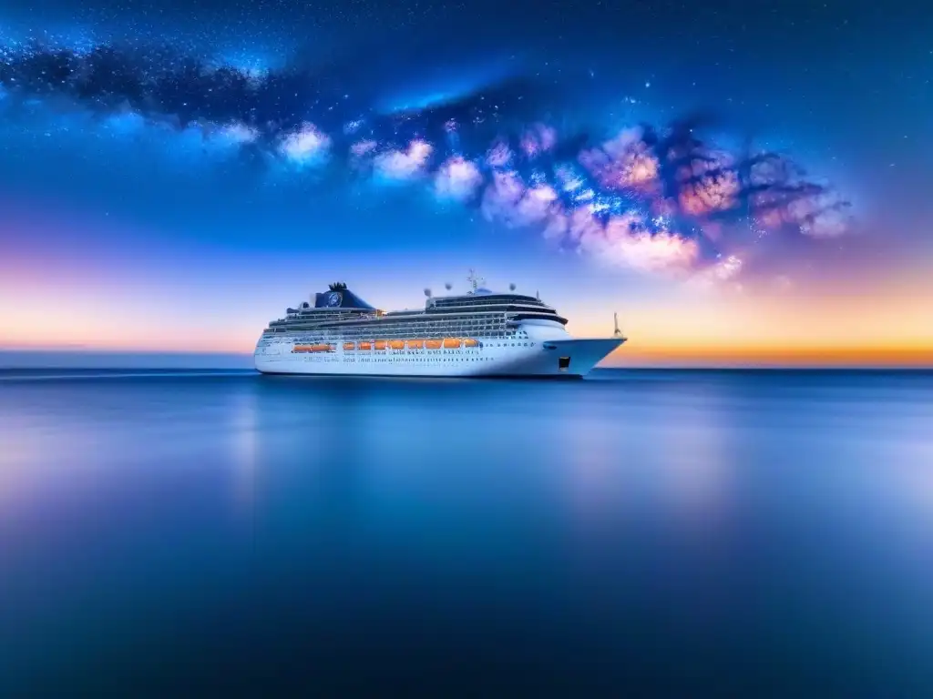 Un crucero iluminado bajo las estrellas, reflejando paz y magia en el mar