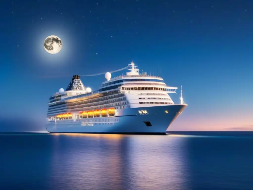 Un crucero iluminado bajo la noche estrellada, reflejando paz en el mar