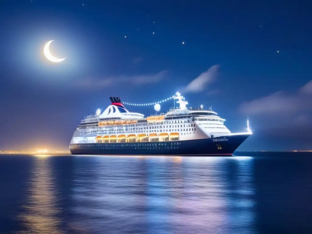 Un crucero iluminado de noche en el mar, con notas musicales en el aire