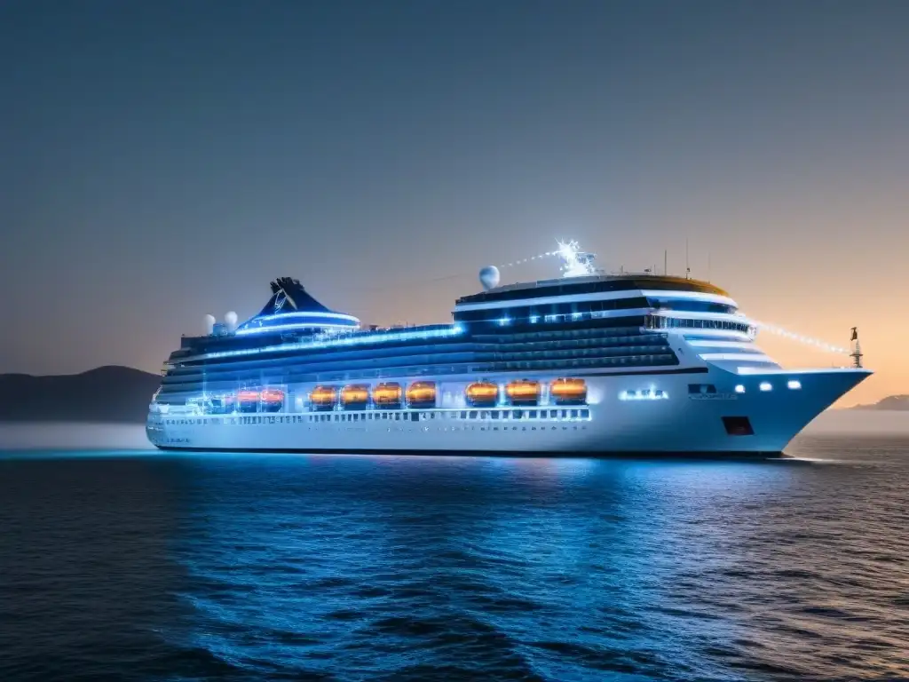 Un crucero ilustrado de noche con luces brillantes en ventanas, cielo estrellado y aguas tranquilas