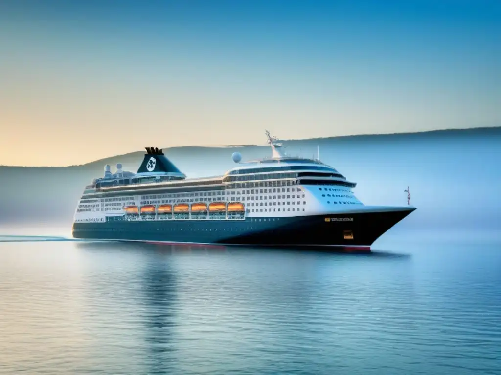 Un crucero impecable navega plácidamente en aguas tranquilas bajo un cielo azul, transmitiendo serenidad