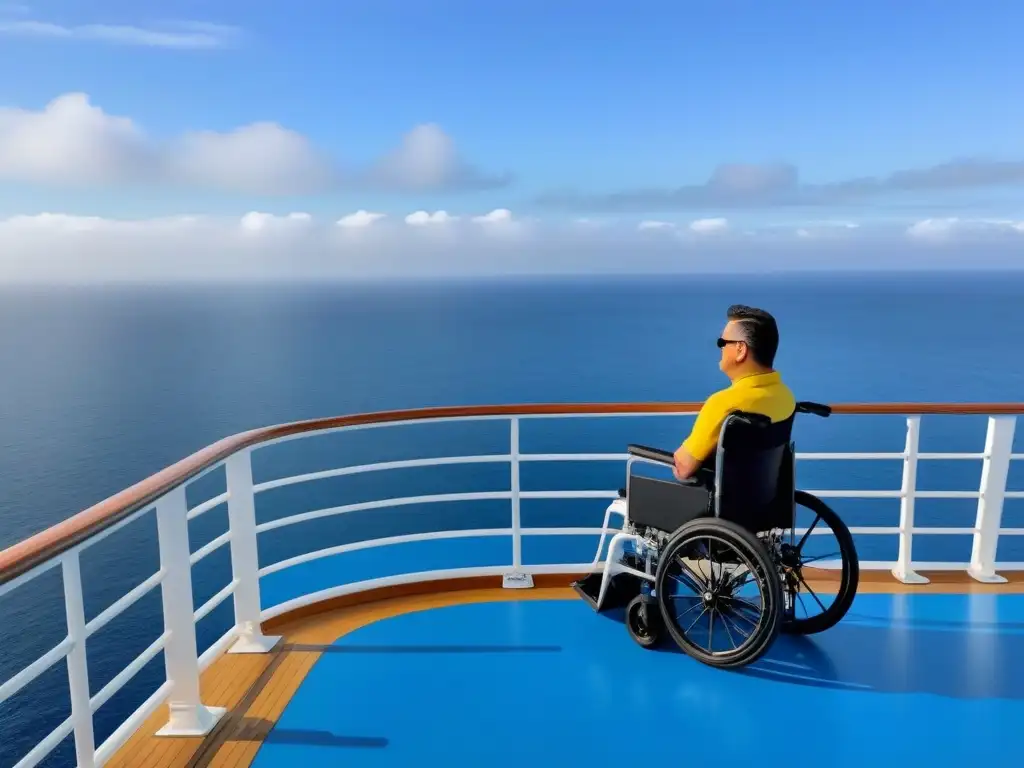 Un crucero inclusivo con rampas accesibles y personal asistiendo a viajeros con discapacidad