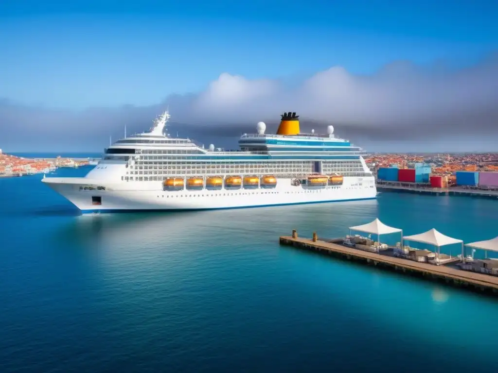 Un crucero con inmersiones culturales profundas atracado en un puerto vibrante, bajo un cielo azul claro y edificios coloridos de fondo