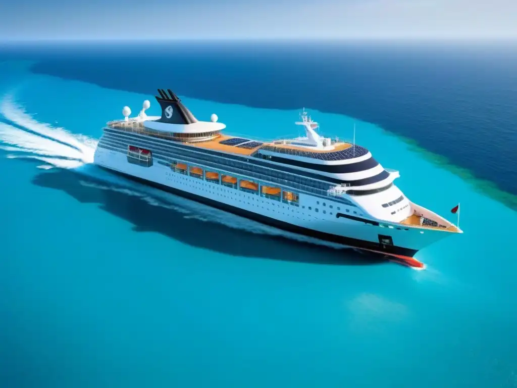 Un crucero innovador con energía renovable navegando en aguas turquesas