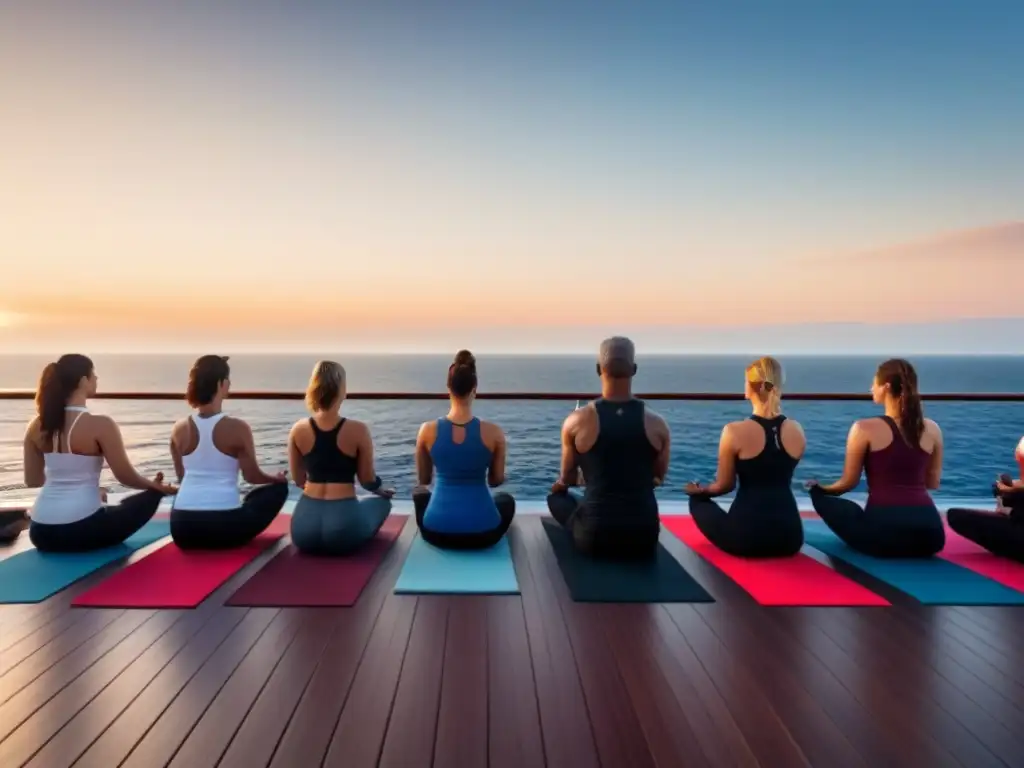 Yoga en crucero: instructor guía sesión al amanecer en cubierta, con practicantes en posturas