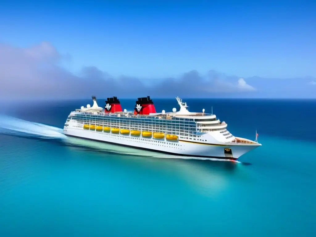 Un crucero de Disney Cruise Line navega en aguas turquesas mientras islas verdes lo rodean