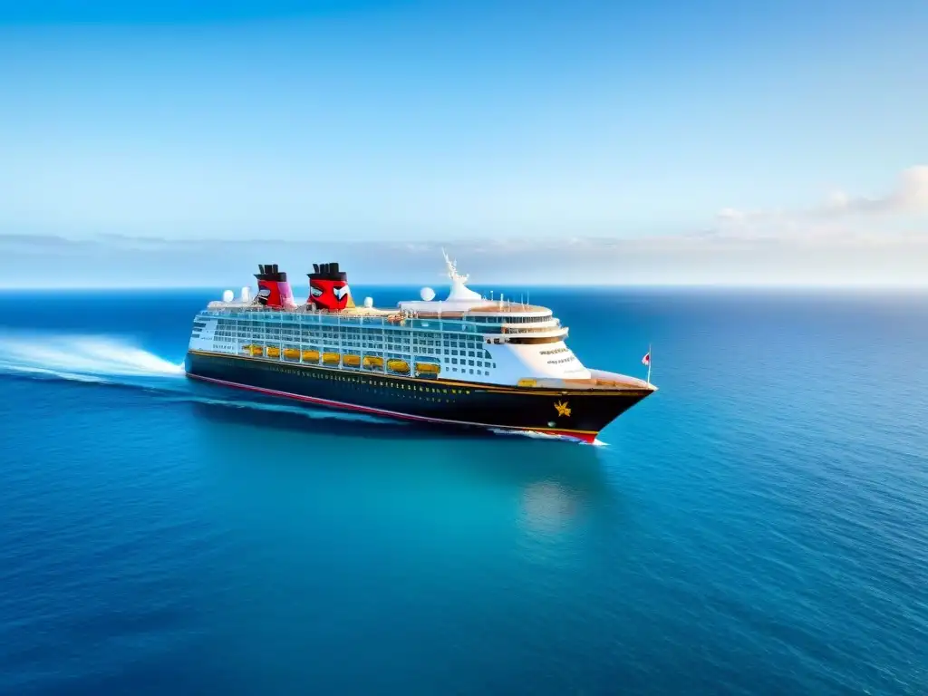 Un crucero de Disney Cruise Line navega elegantemente en aguas turquesas, transmitiendo la esencia de viajes familiares de lujo