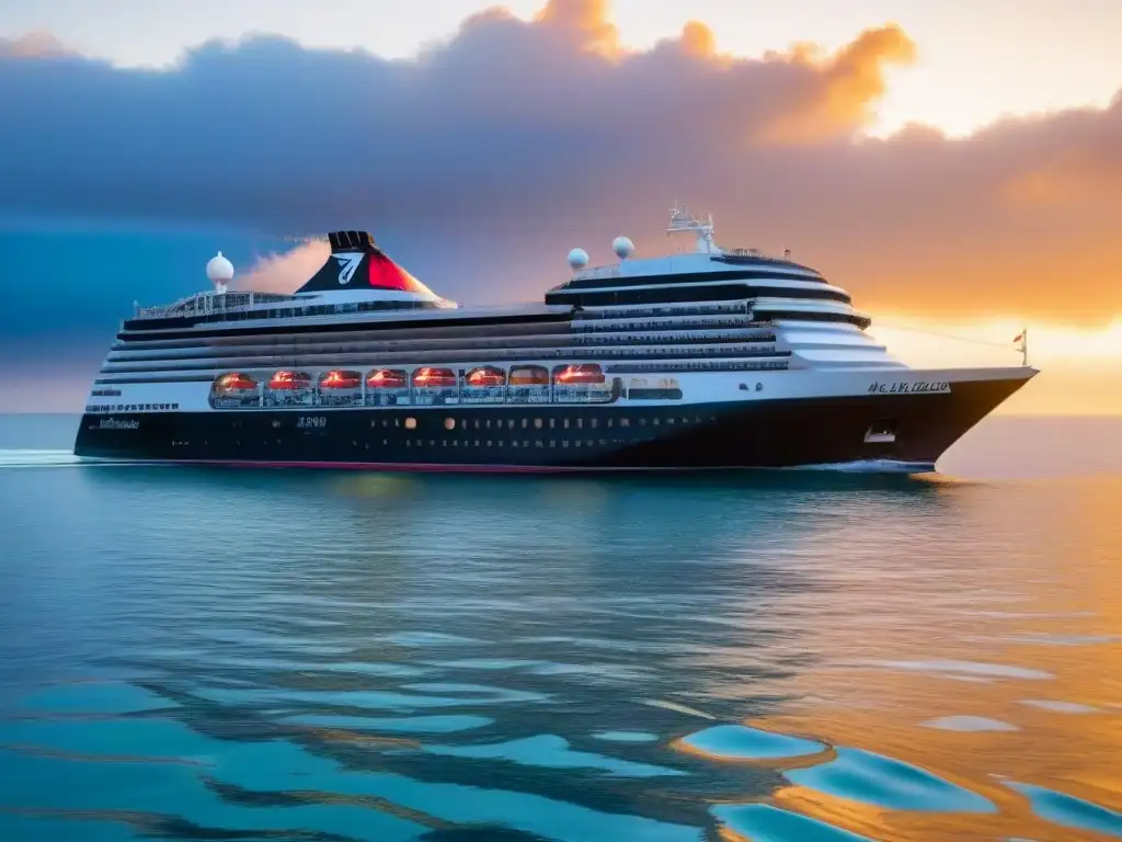 Un crucero de Holland America Line navegando con elegancia al atardecer en aguas tranquilas