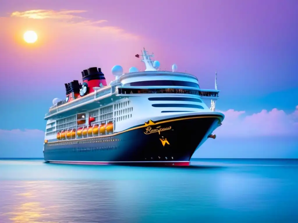 Un crucero de Disney Cruise Line navega sereno en aguas turquesas al atardecer, creando una escena idílica para viajes familiares