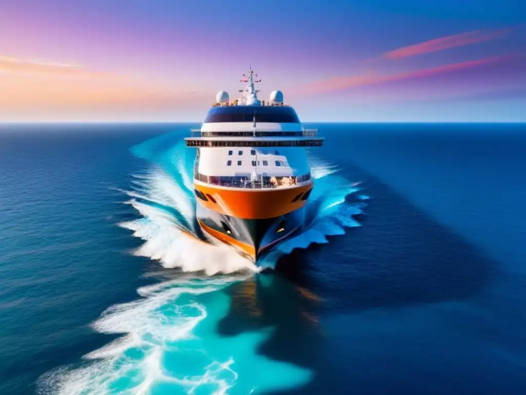 Crucero de lujo en aguas turquesas al atardecer Un crucero de lujo surcando aguas turquesa al atardecer, resaltando la rentabilidad de los cruceros de lujo