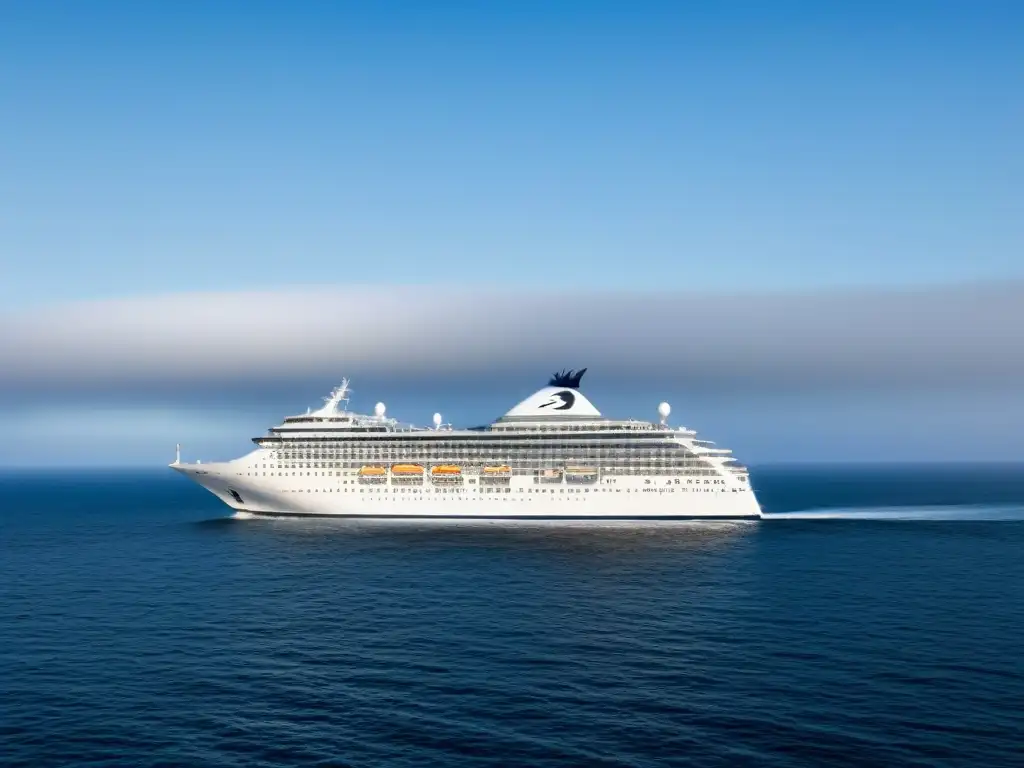 Un crucero de lujo navegando tranquilamente en aguas calmas, bajo un cielo azul claro, con una gaviota volando