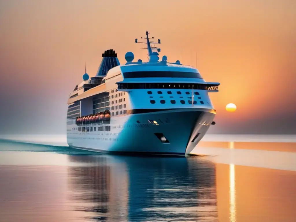 Un crucero de lujo flotando en aguas cristalinas al atardecer, mostrando elegancia y responsabilidad ambiental