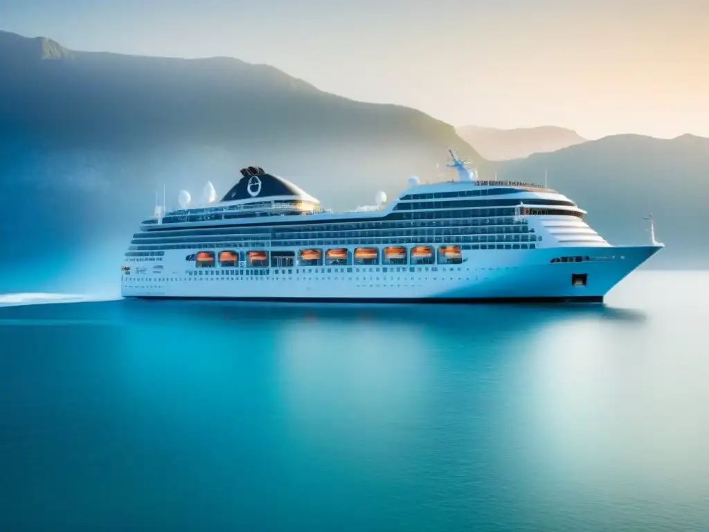 Un crucero de lujo navega suavemente en aguas cristalinas bajo un cielo soleado, resaltando detalles elegantes