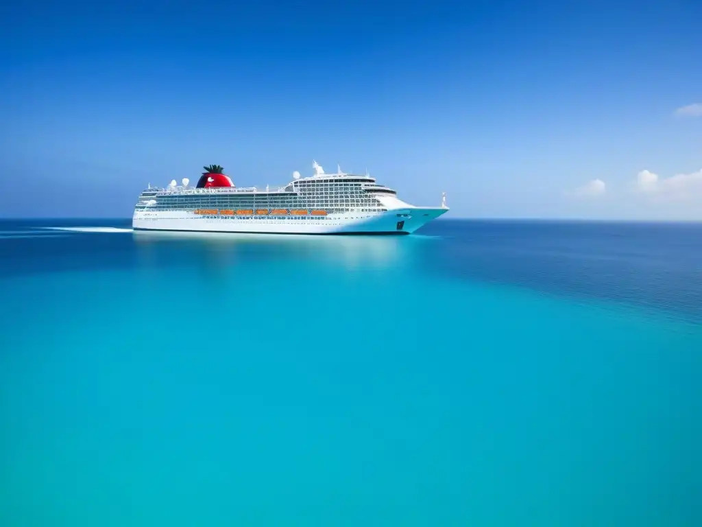 Un crucero de lujo navegando en aguas cristalinas con un cielo despejado, reflejando elegancia y modernidad