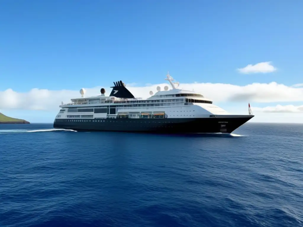 Un crucero de lujo navegando en aguas cristalinas de Galápagos, con diseño elegante y ventanas panorámicas