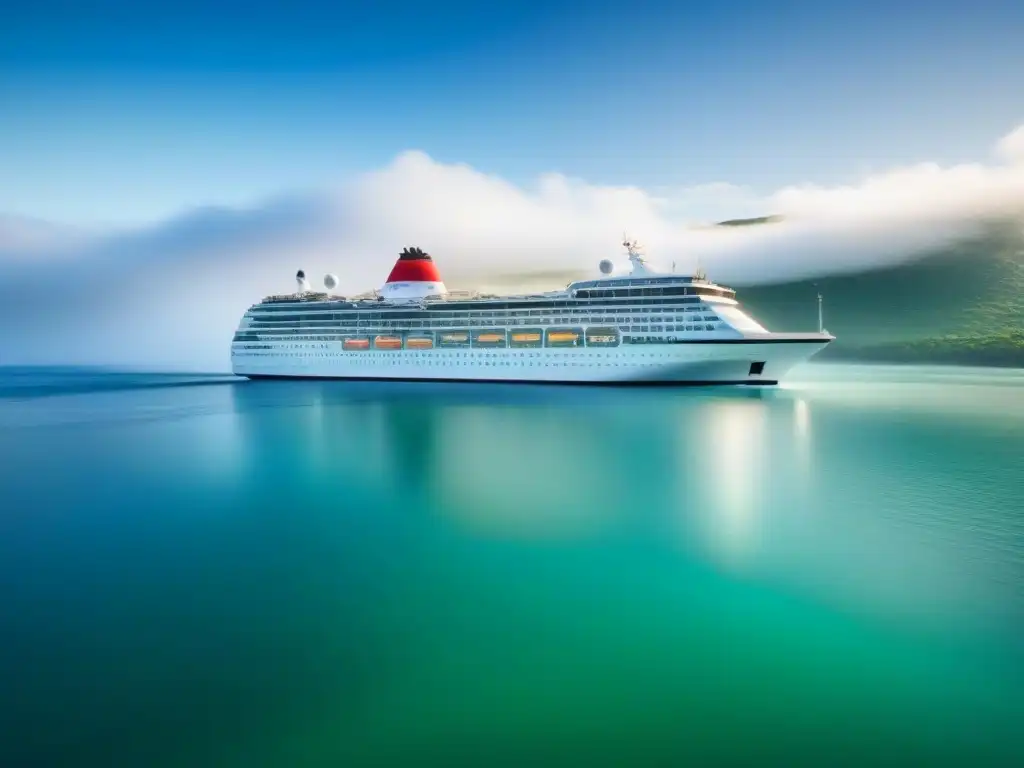 Un crucero de lujo navegando en aguas cristalinas frente a una isla exuberante, representando tendencias ecofriendly en amenidades de cruceros de lujo