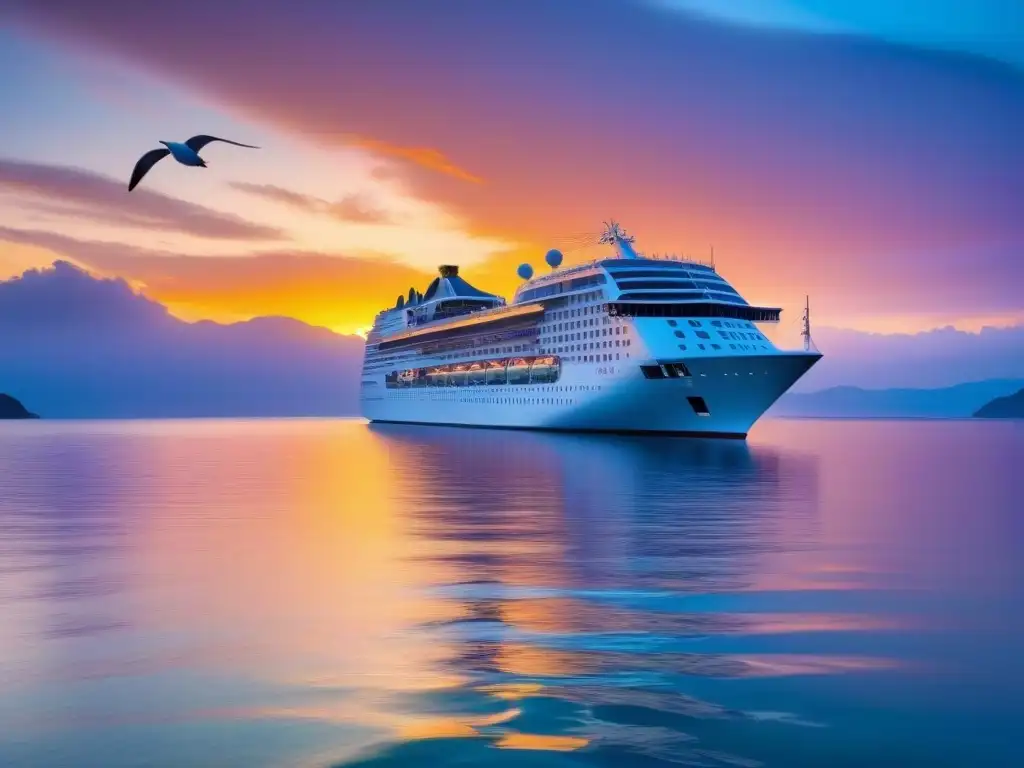 Un crucero de lujo surcando aguas cristalinas al atardecer, rodeado de islas tropicales y gaviotas