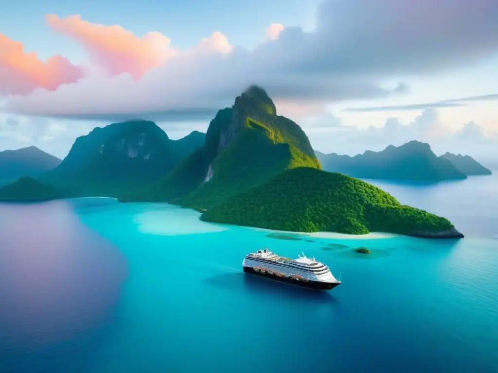 Un crucero de lujo en aguas cristalinas rodeado de islas tropicales, mostrando turismo sostenible en cruceros marítimos