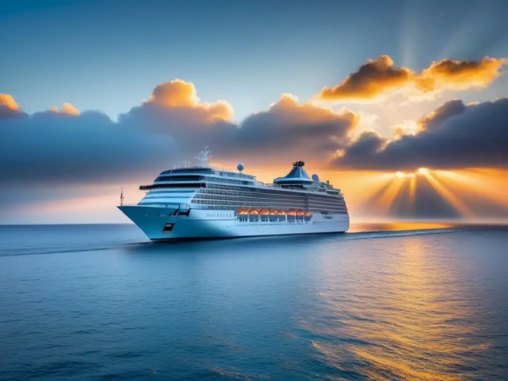 Un crucero de lujo navegando elegantemente en aguas cristalinas al atardecer