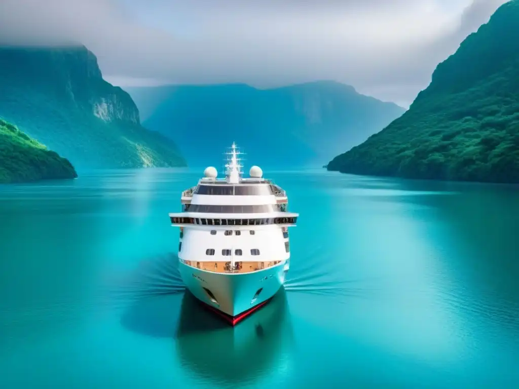 Un crucero de lujo navega en aguas cristalinas, rodeado de exuberante naturaleza y vida marina