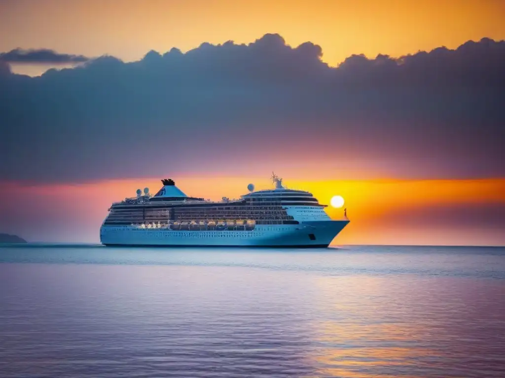 Un crucero de lujo surca aguas cristalinas al atardecer, transmitiendo elegancia y aventura