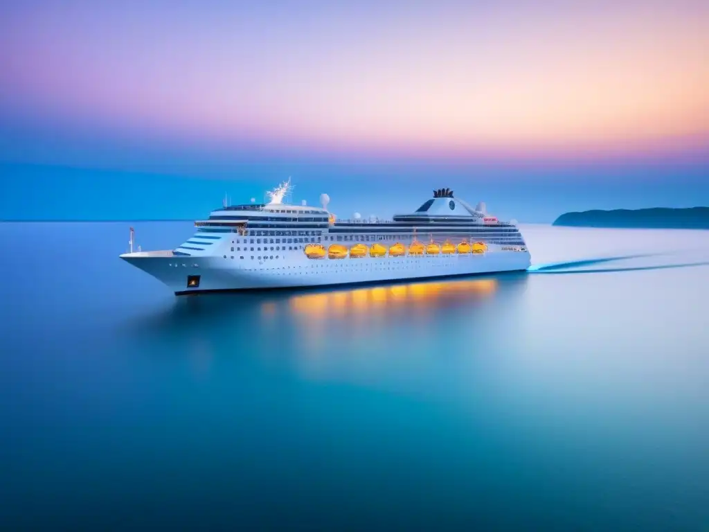 Un crucero de lujo navega serenamente en aguas cristalinas bajo un cielo pastel al atardecer