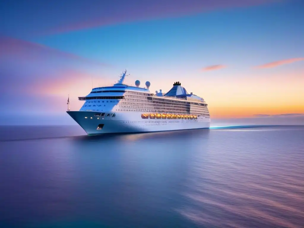 Un crucero de lujo navega en aguas cristalinas al atardecer, transmitiendo elegancia y tranquilidad