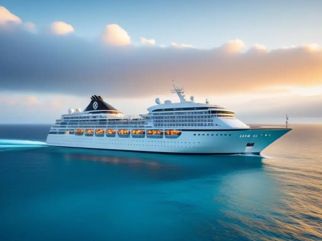 Un crucero de lujo en aguas cristalinas, reflejando el sol dorado