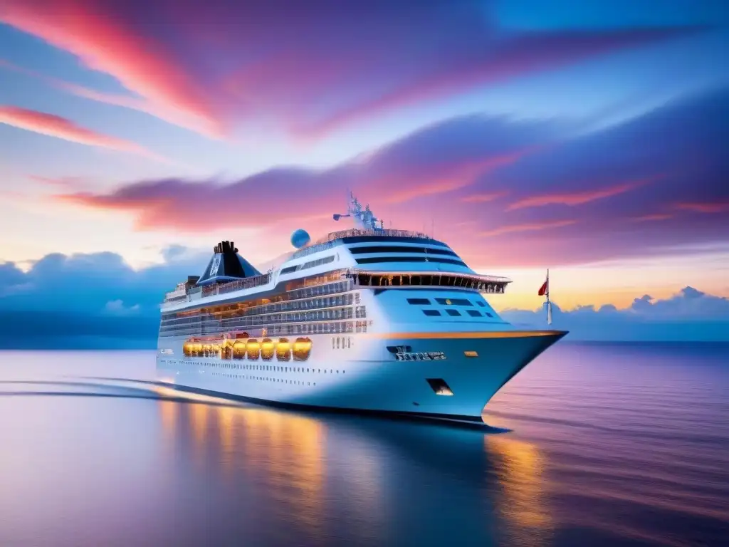 Crucero de lujo navegando al atardecer Un crucero de lujo navegando en aguas cristalinas bajo un atardecer vibrante, reflejando la rentabilidad de los cruceros de lujo