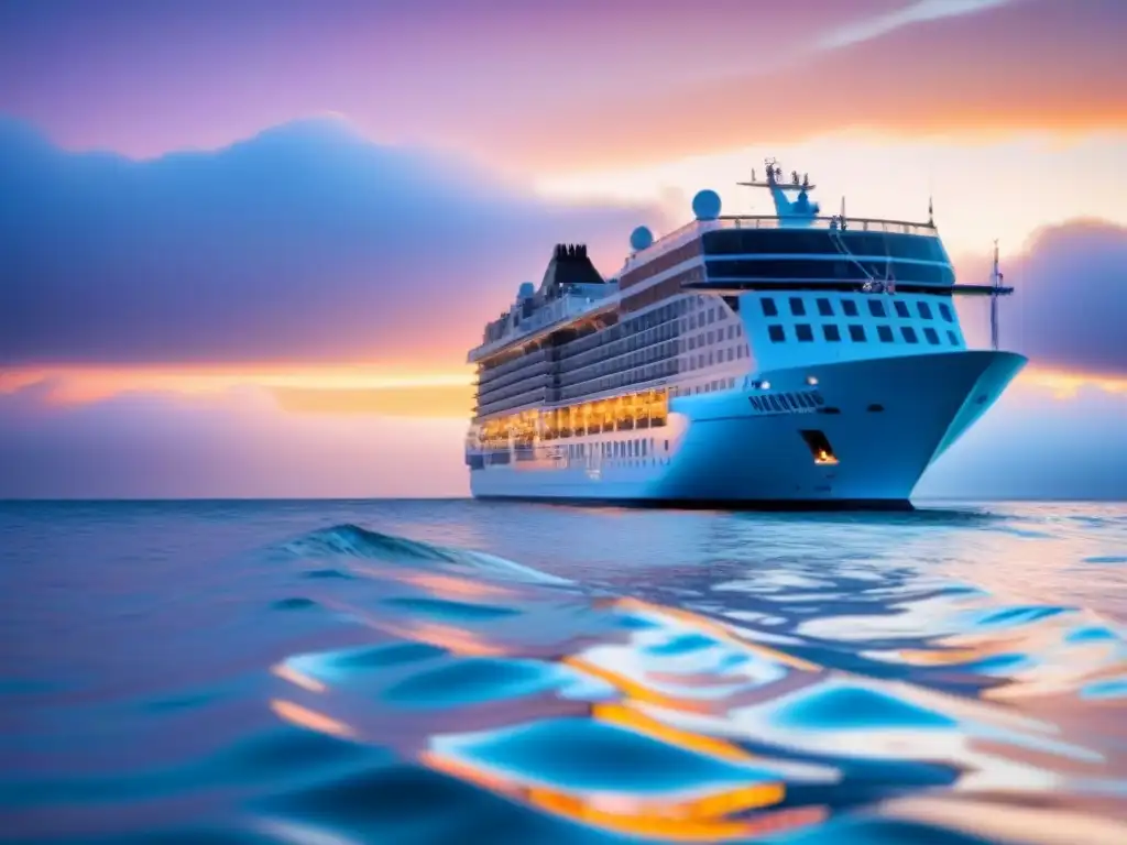 Un crucero de lujo Viking navegando en aguas cristalinas al atardecer, reflejando compromiso ambiental