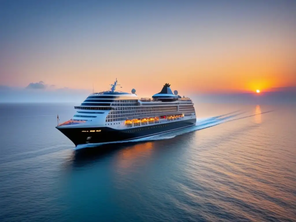 Un crucero de lujo navegando en aguas cristalinas al atardecer, reflejando serenidad y elegancia