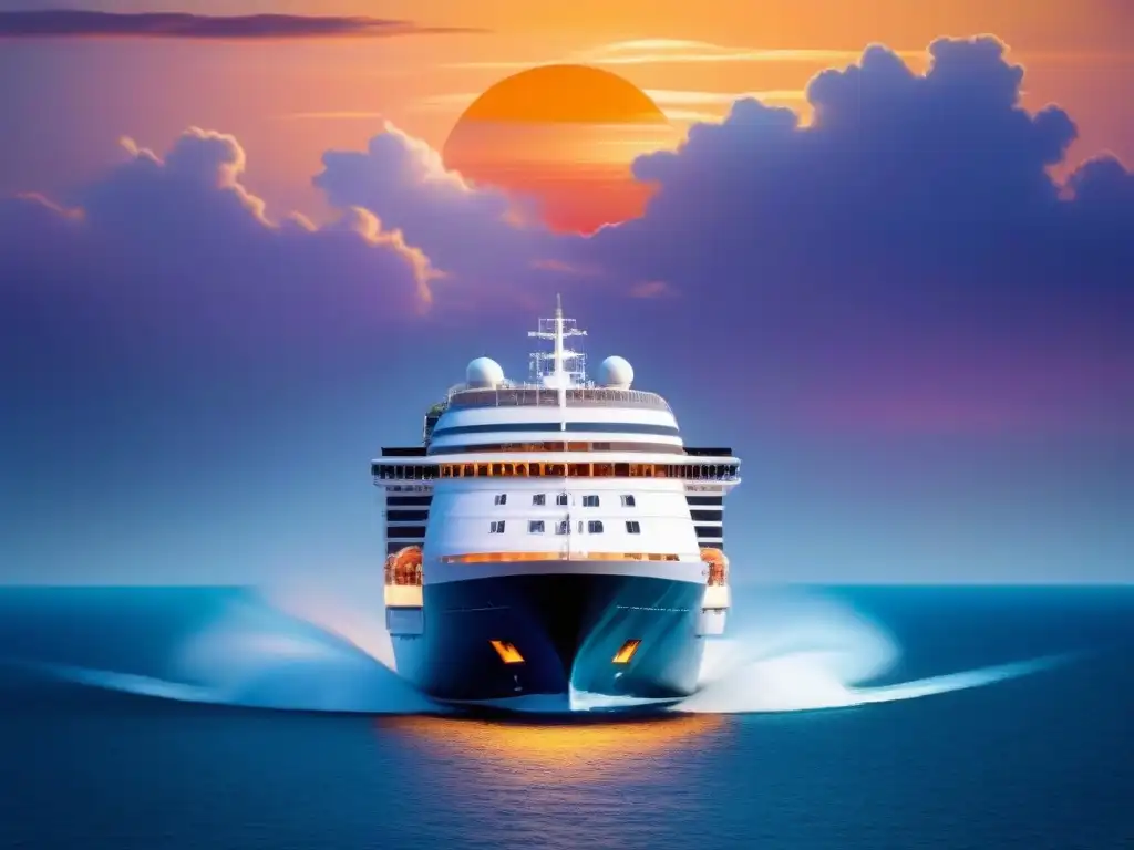 Crucero de lujo bajo un cielo vibrante al atardecer Un crucero de lujo navega en aguas cristalinas al atardecer, reflejando la tranquilidad de los entrenamientos satisfacción cliente cruceros