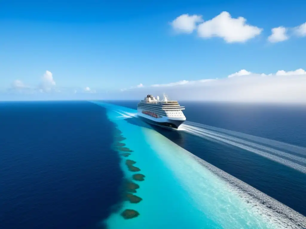 Un crucero de lujo surca aguas cristalinas y paradisíacas islas verdes, bajo un cielo azul vibrante