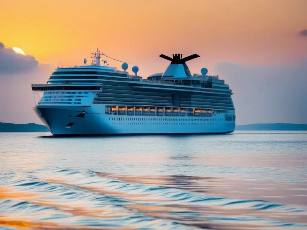 Un crucero de lujo navegando en aguas cristalinas al atardecer, ideal para los mejores itinerarios crucero familiares