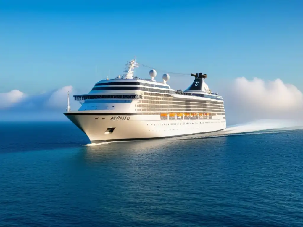 Un crucero de lujo navegando majestuosamente en aguas cristalinas bajo un cielo azul sin nubes