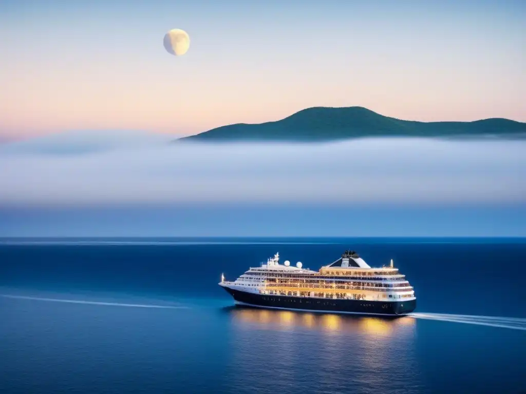 Un crucero de lujo navegando en aguas cristalinas bajo un cielo estrellado, con una elegante nave iluminada y el reflejo de la luna en el mar