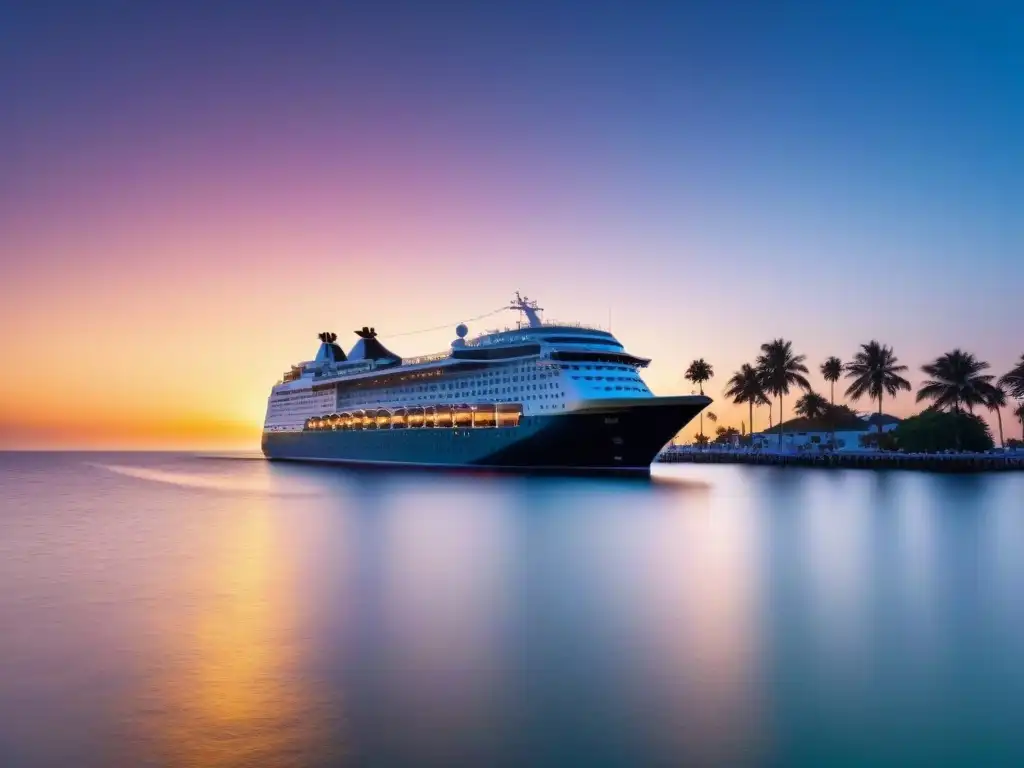 Un crucero de lujo surcando aguas cristalinas al atardecer, rodeado de palmeras