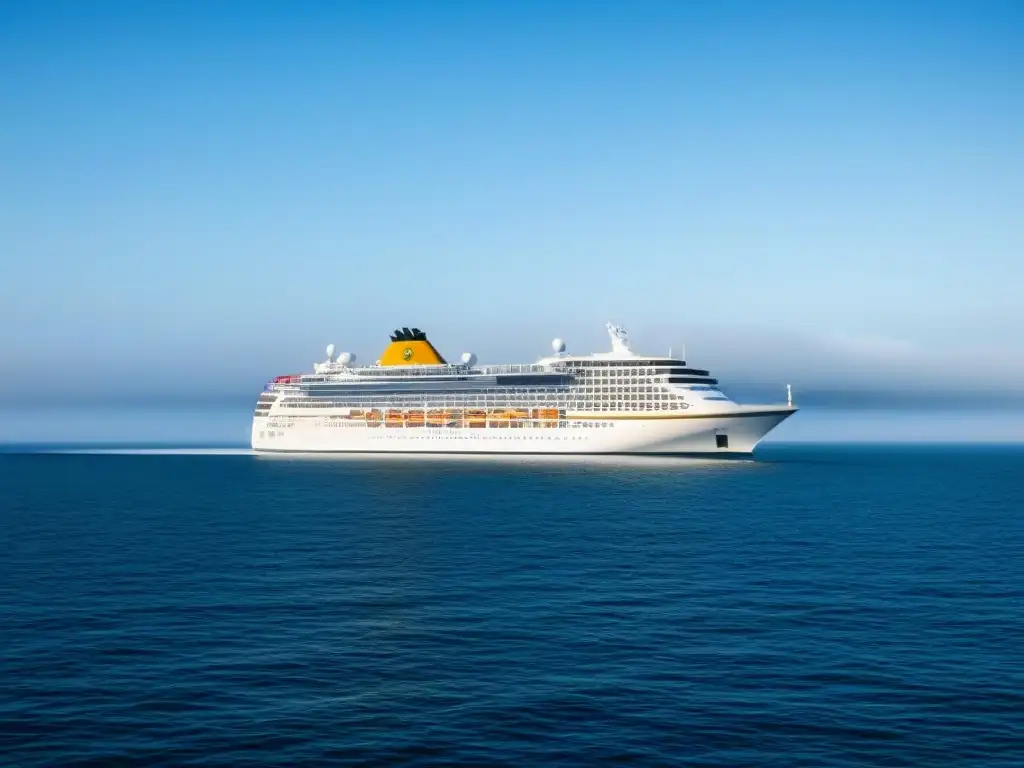 Crucero de lujo navegando en aguas cristalinas bajo cielo azul, transmitiendo exclusividad y relajación