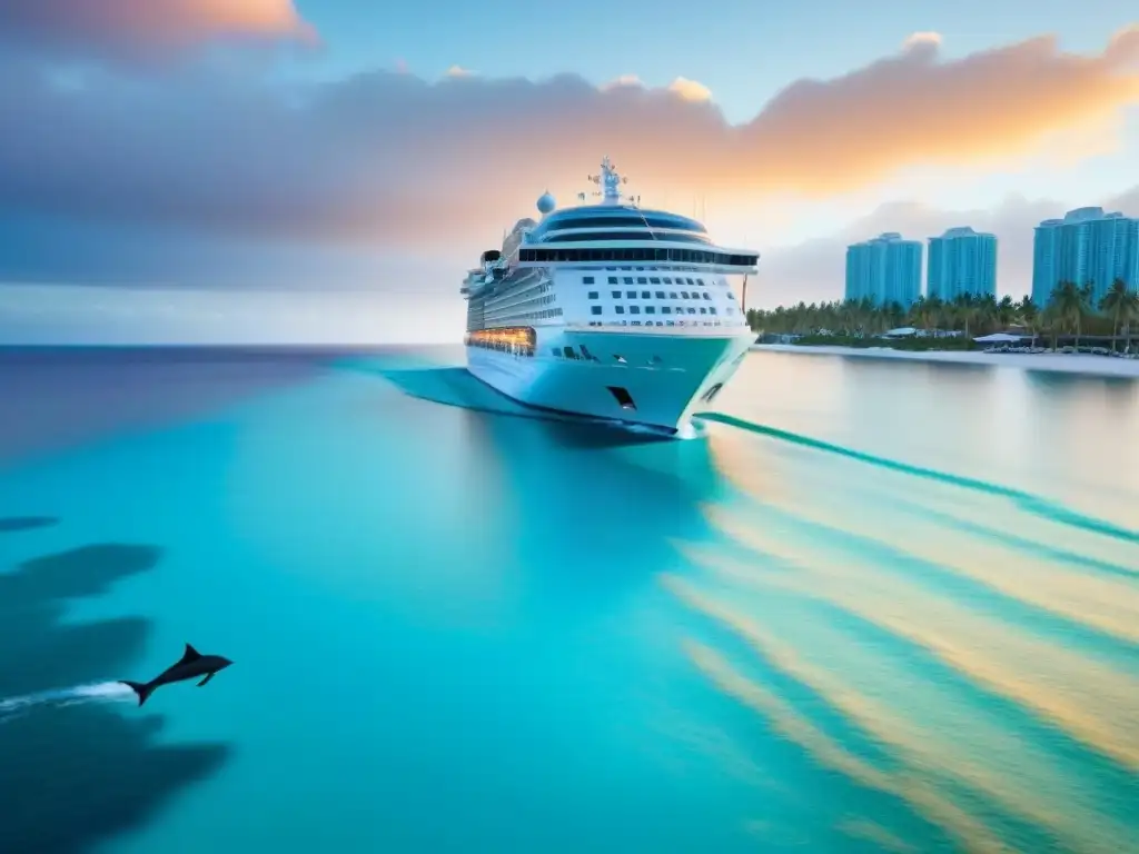 Un crucero de lujo navega en aguas cristalinas al atardecer, con playa y peces coloridos